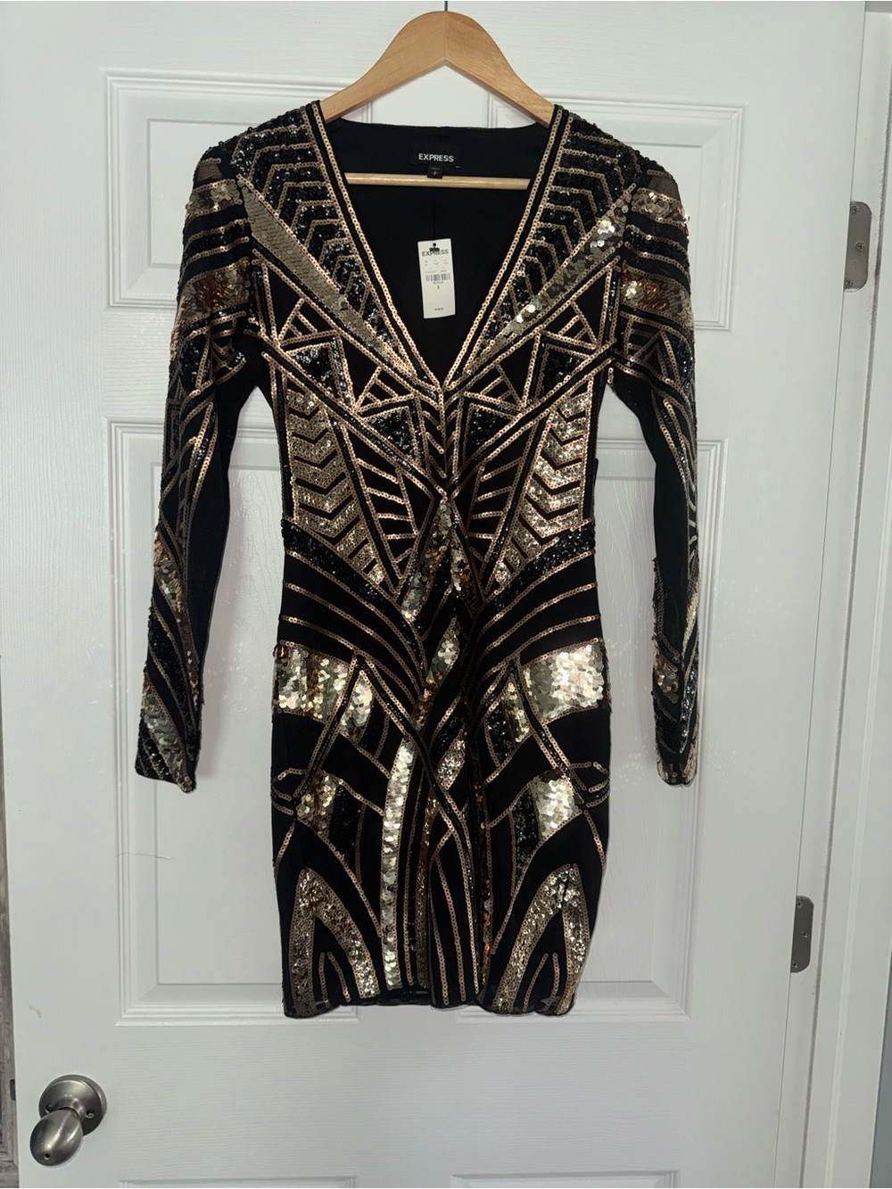 Express Black Mini Dress with Gold Sequin Geometric Design